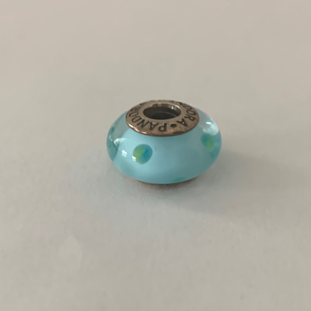 Pandora Glass Charm - blue with blue and green polka Dots